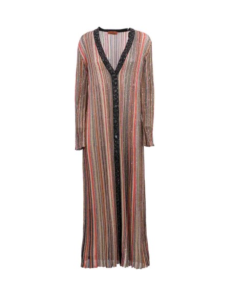 Shop MISSONI  Cardigan: Missoni long knit cardigan with vertical stripes and sequins.
Long cardigan.
Vertical stripes with sequins.
Viscose blend sweater.
Contrasting profiles.
Composition: 55%Viscose, 25%Polyamide, 15%Polyester, 5%Metallic Fibre.
Made in Italy.. DS24SM0Z BK033M -SM9AF